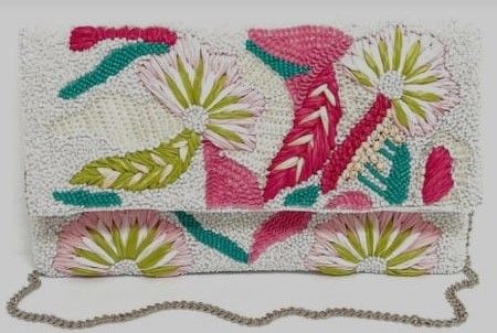 White beaded clutch with tropical floral pattern