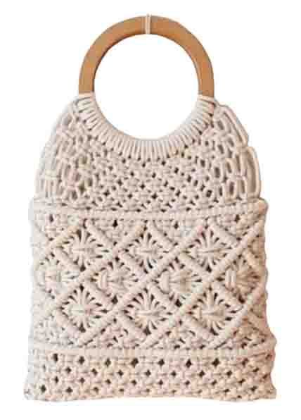 Macramé handbag with wooden ring handles