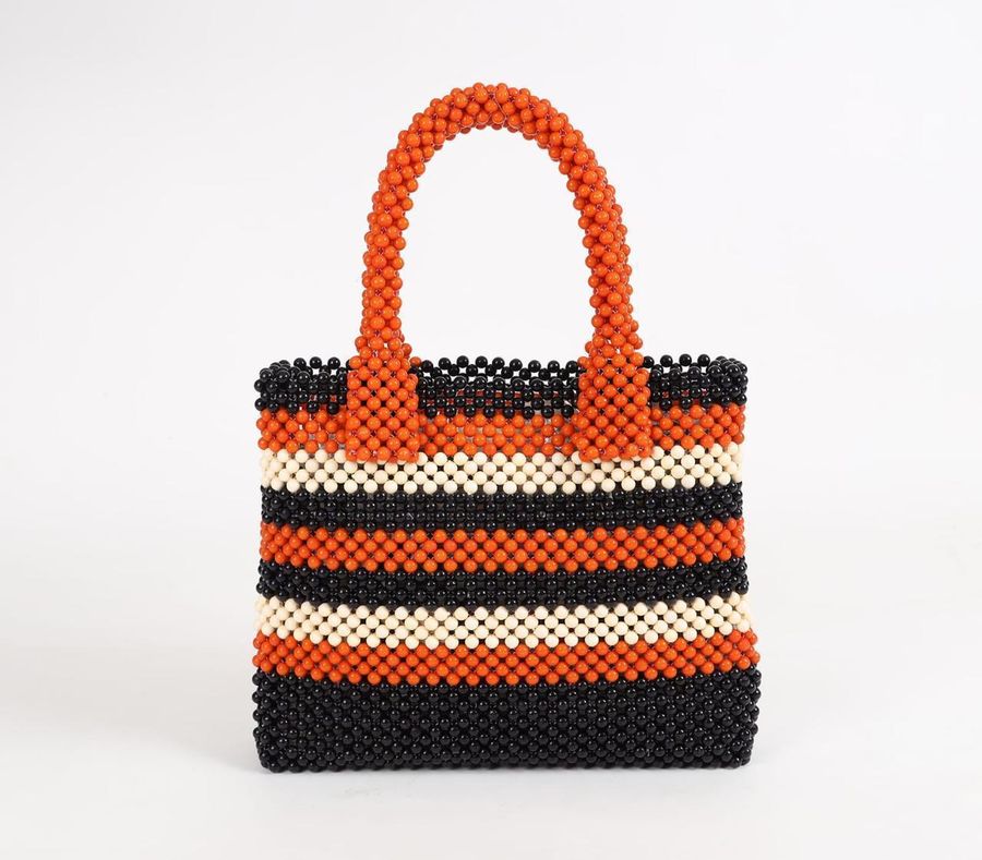 Striped beaded handbag with orange handles