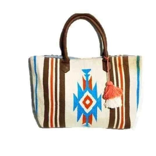 Striped cotton tote with Aztec-style motif and tassel