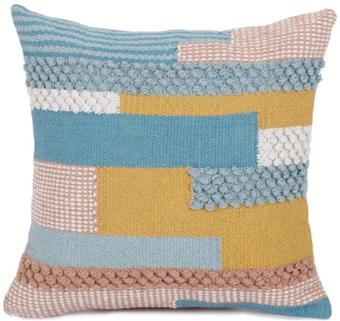 Tufted cushion cover in blue, mustard and blush colour blocks