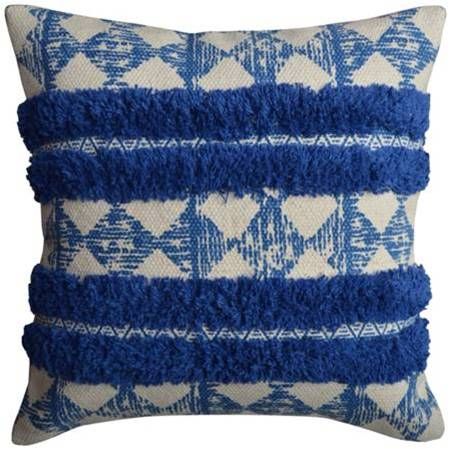 Blue and cream block-print cushion cover with tufted stripes