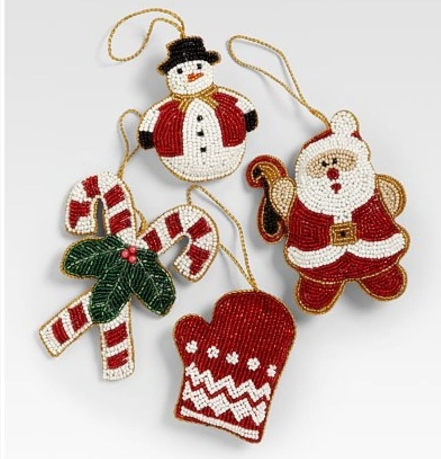 Beaded Christmas ornaments: snowman, Santa, candy canes and mitten