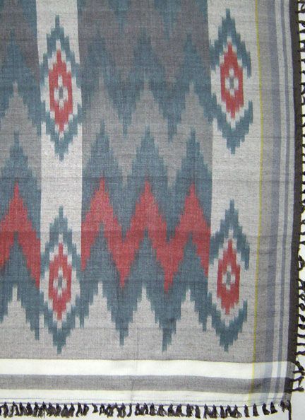 Grey, blue and red ikat scarf