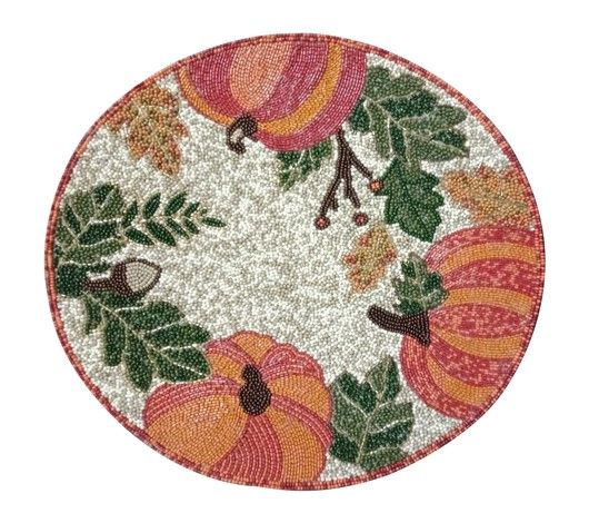 Round beaded placemat with pumpkins and autumn leaves