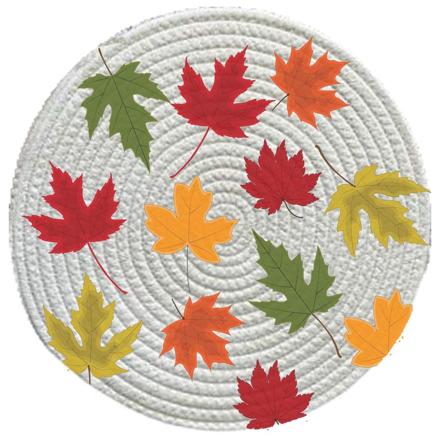Round white rope placemat printed with autumn maple leaves