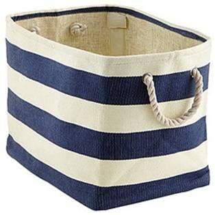 Navy and cream striped storage bin with rope handles